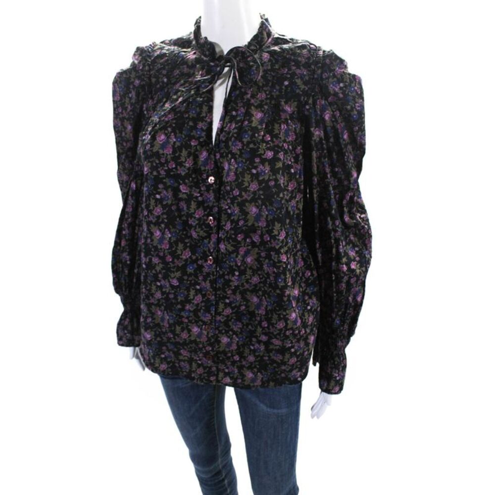 Free People Women's Ruffle V-Neck Smocked Long Sleeves Floral Blouse Size XS - Picture 2 of 6